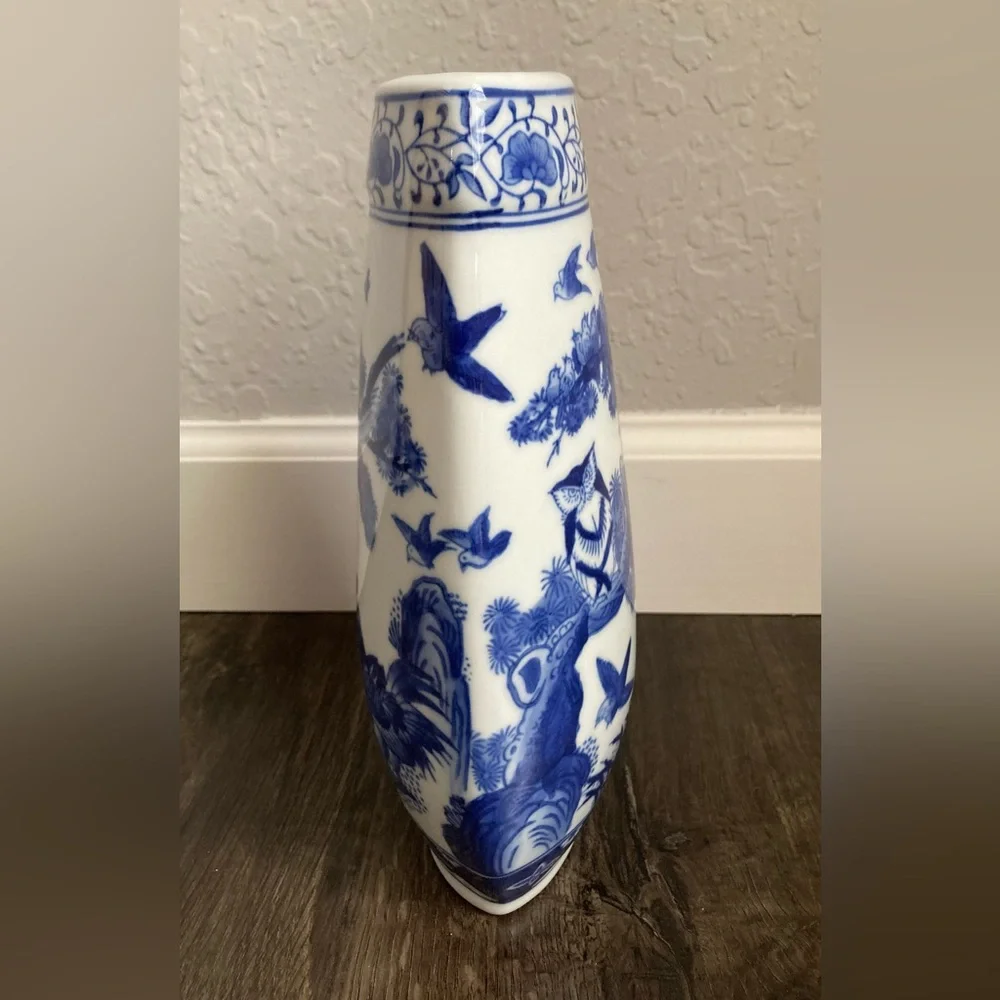Formalities by Baum Bros Blue White Chinese Vase with Birds Trees Roosters Owl